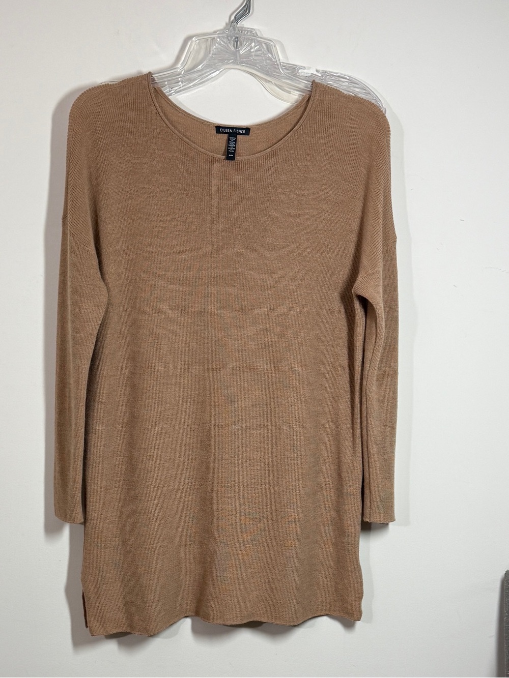Eileen Fisher M Camel Tan Italian Merino Wool Scoop Neck Sweater Tunic